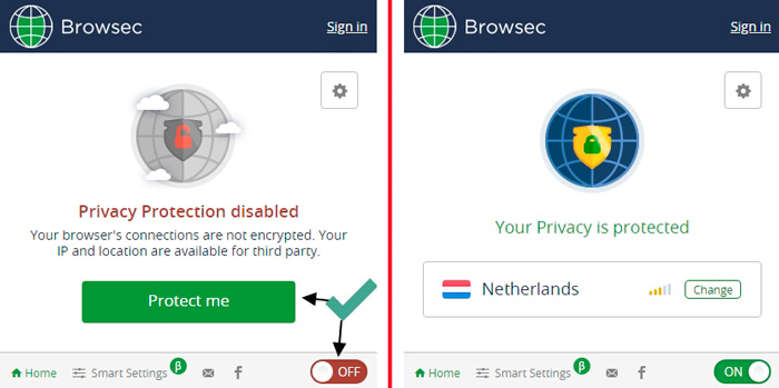 кнопка активации VPN Browsec