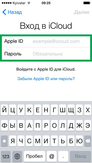 ввод пароля и apple id