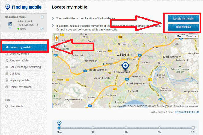 карта и кнопки поиска устройства Самсунг